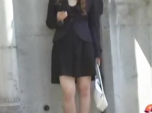 Brick wall is the nice place for her ass to be skirt sharked